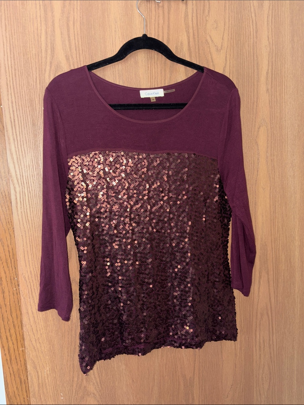 Calvin Klein Plum Sequin Front Quarter Length Sleeve Tee